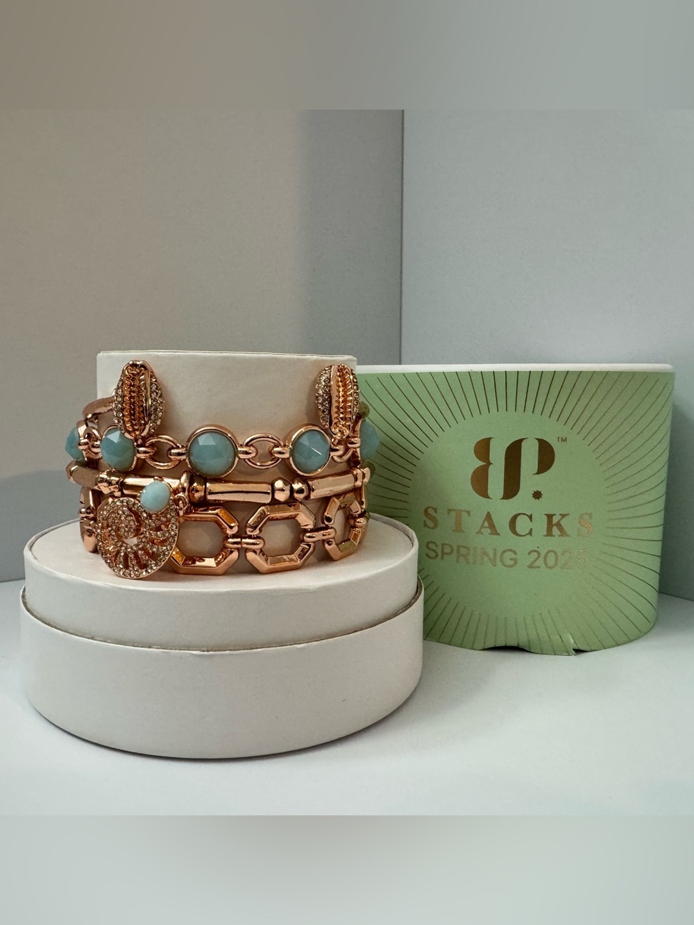 Bomb Party BP Spring 2025 Stacks Tell Your Story Proudly. Rose gold, Blue Stones